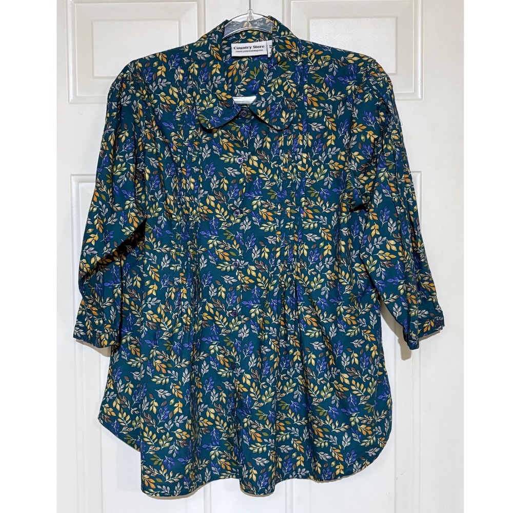 Country Store Floral Leaf Print Blouse Sz M Teal Peter Pan Collar Pleated Sleeve